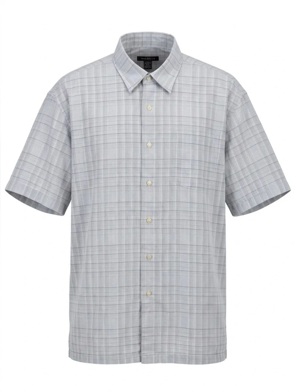 Van Heusen Light Gray and Blue Plaid Short-Sleeve Button-Down Shirt